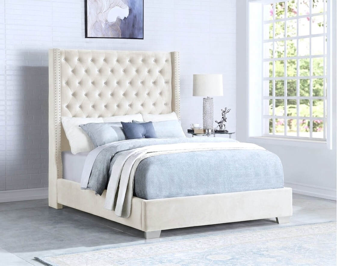 6Ft Tall Upholstered Tufted Headboard with Diamonds cream