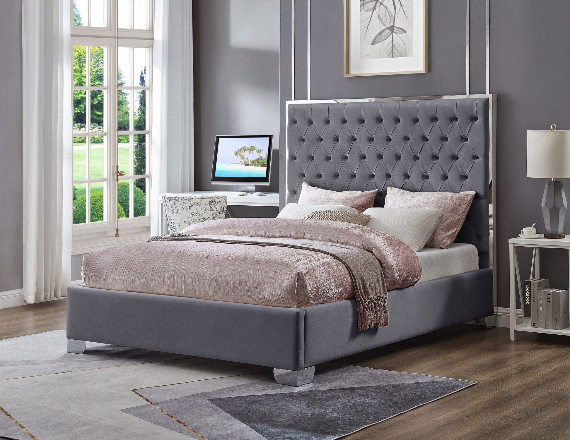 KATE KING GRAY VELVET UPHOLSTERED PLATFORM BED