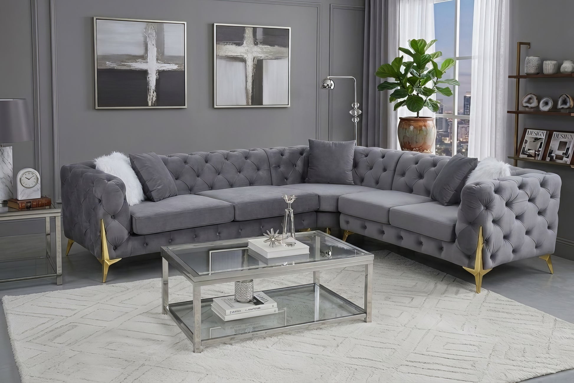 Milano Luxury Gray Velvet Sectional Sofa