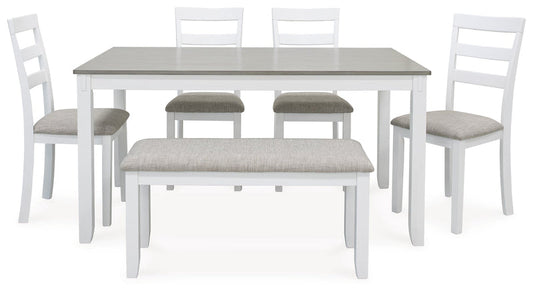 STONEHOLLOW White/Gray Dining Table and Chairs with Bench