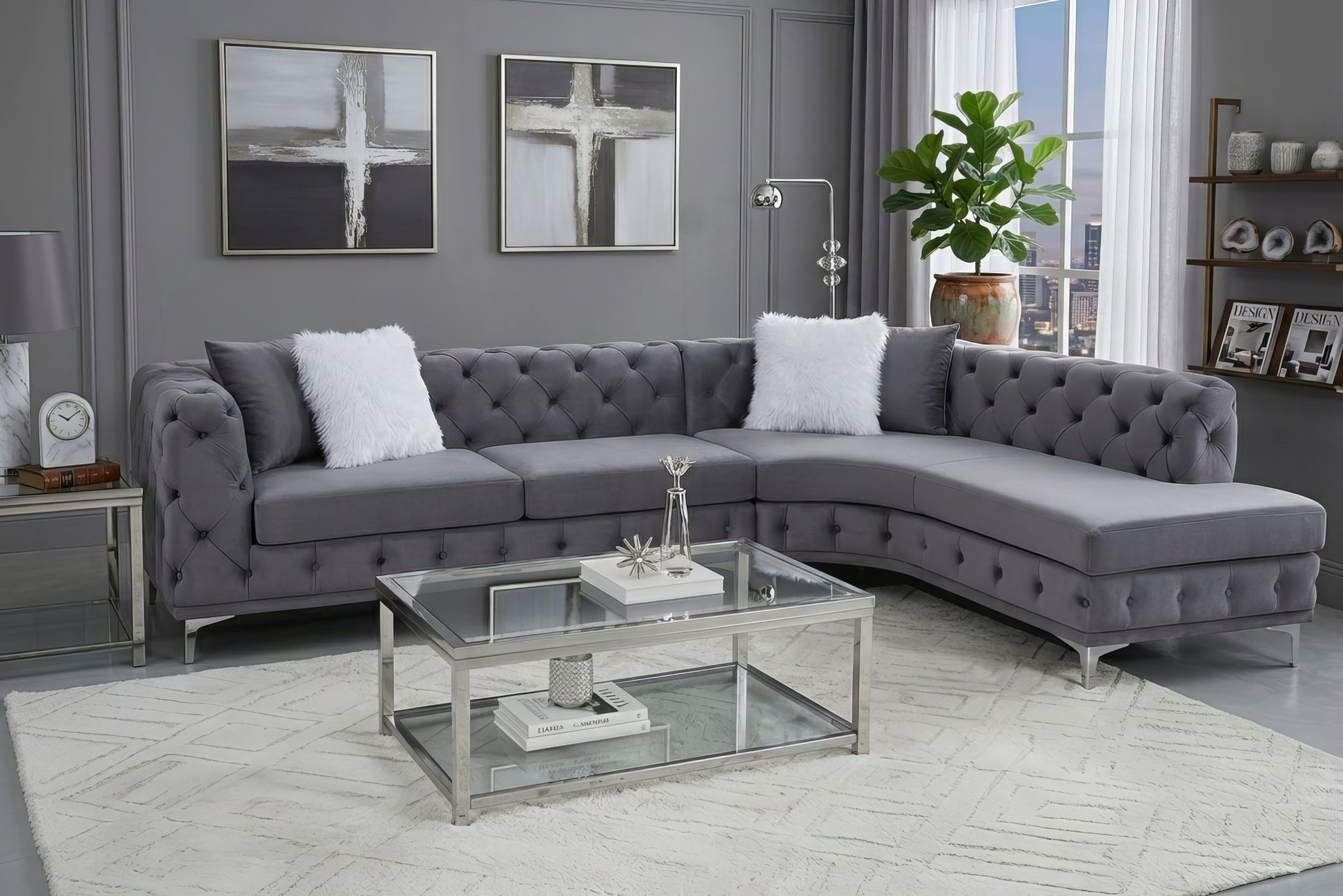 Valentino Modern Gray Velvet Sectional