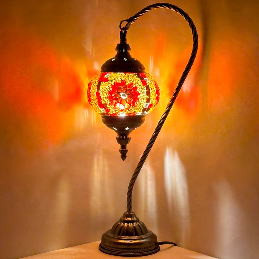 Hot Red Flower Handmade Mosaic Turkish Lamps with Swan Neck Design