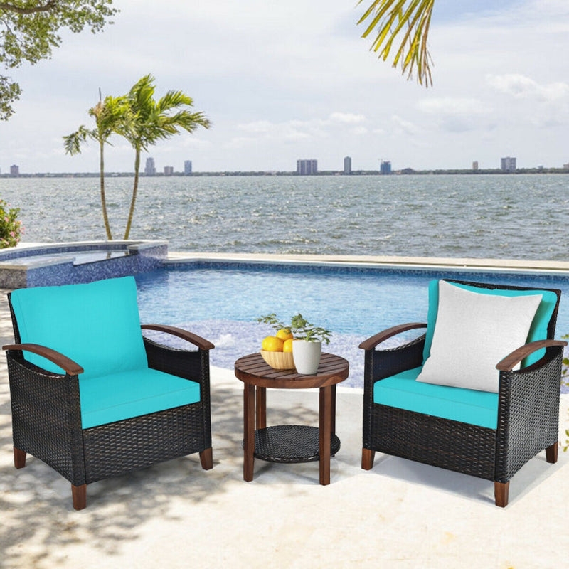 3 Pieces Patio Wicker Furniture Set with Washable Cushion and Acacia Wood Tabletop