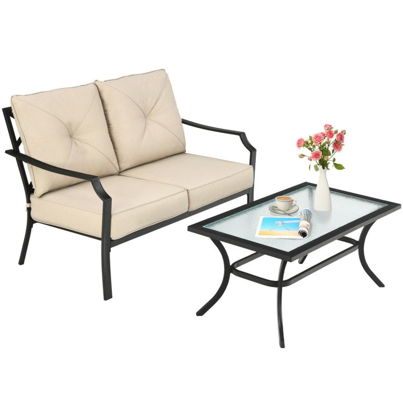 2 Pieces Patio Outdoor Cushioned Sofa Bench with Coffee Table
