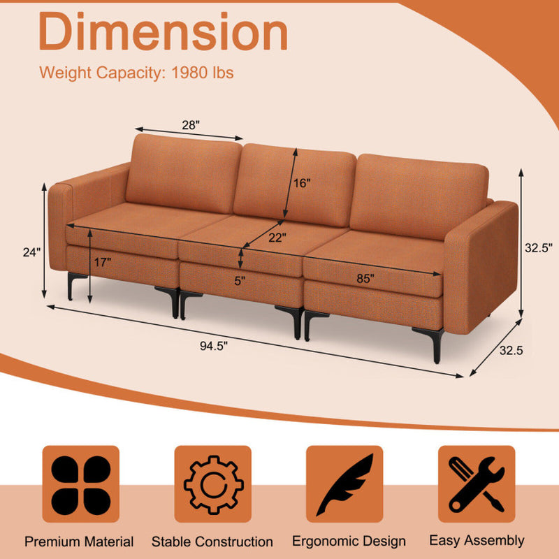 3-Seat Sectional Sofa Couch with Armrest Magazine Pocket and Metal Leg