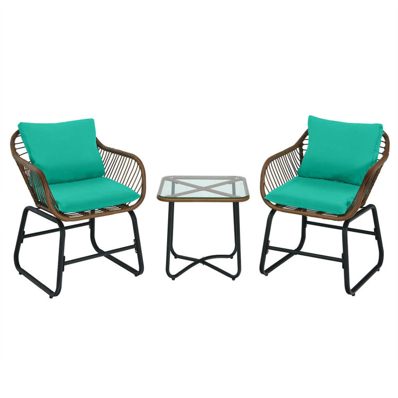 3 Pieces Patio Rattan Bistro Set with Cushions and Glass Table