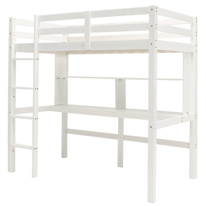 Twin Size Solid Wood Slatted Loft Bed Frame with Safety Guardrail for Kid