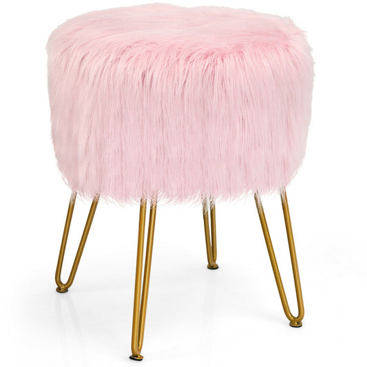 Faux Fur Vanity Stool Chair with Metal Legs for Bedroom and Living Room