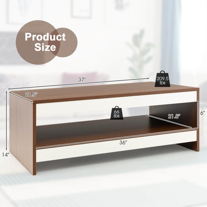37 Inch 2-Tier Rectangle Wooden Coffee Table with Storage Shelf