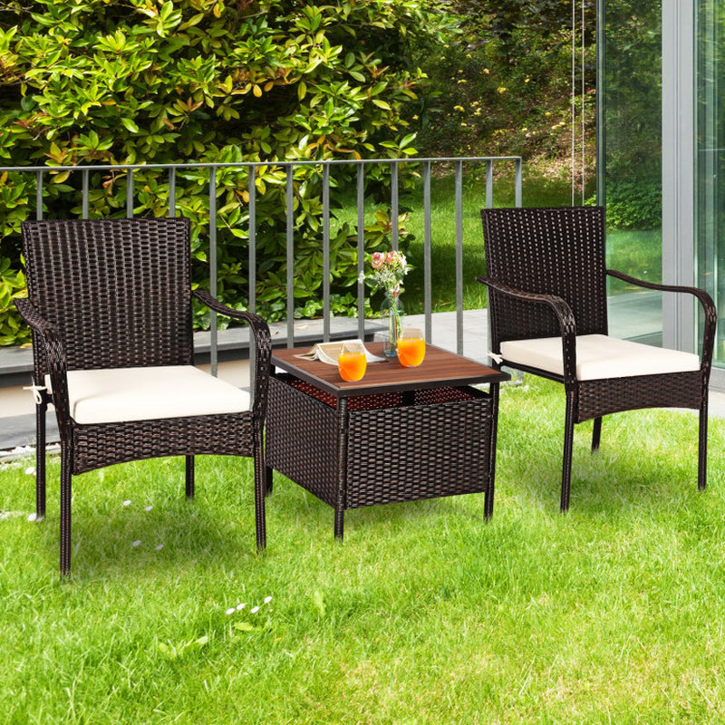 3 Pieces Patio Rattan Furniture Bistro Set with Wood Side Table and Stackable Chair