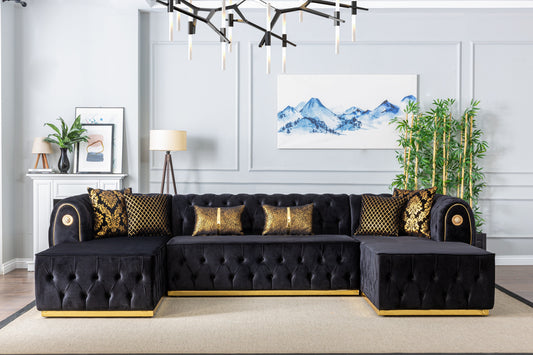 Luna U Double Chase Sectional Velvet Upholstery -  Black** OTTOMAN NOT INCLUDED**