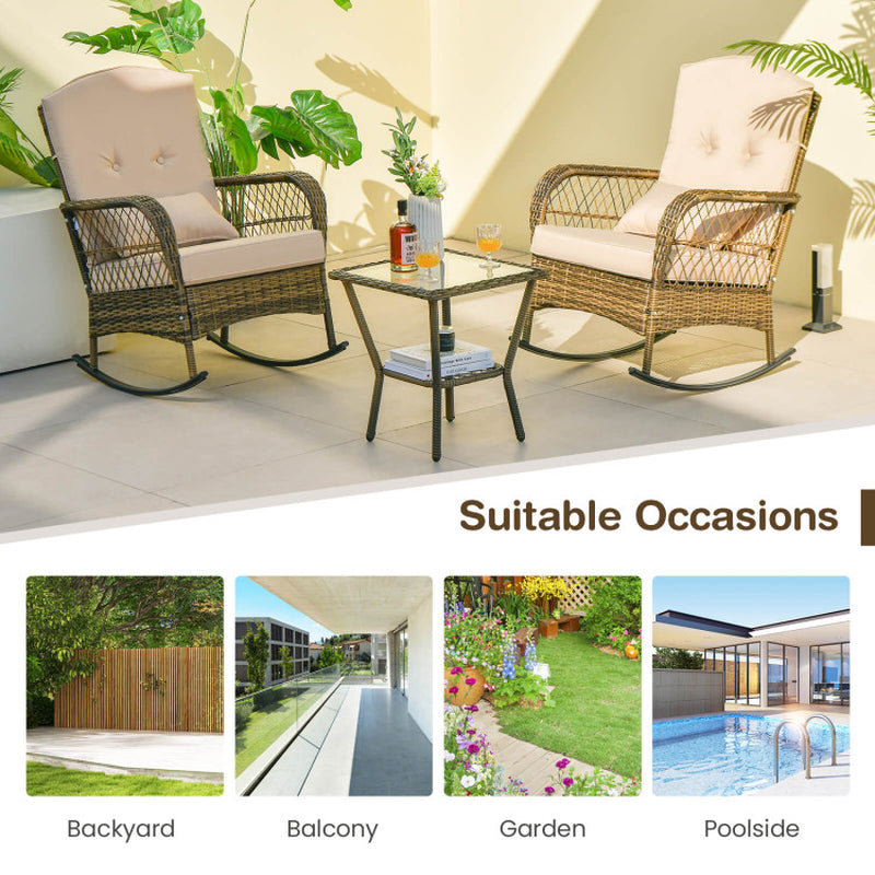 3 Pieces Outdoor Hand-Woven PE Rattan Conversation Set with Tempered Glass Side Table