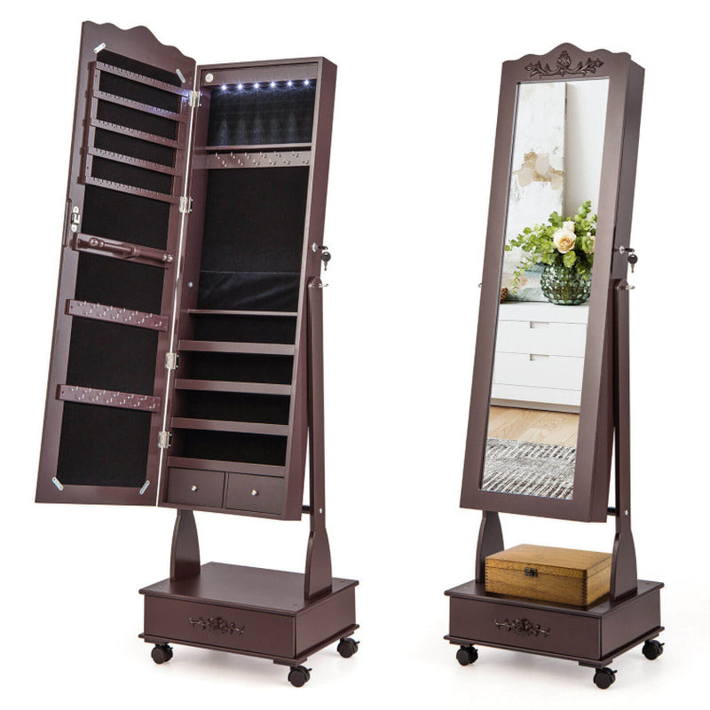 Rolling Floor Standing Mirrored Jewelry Armoire with Lock and Drawers