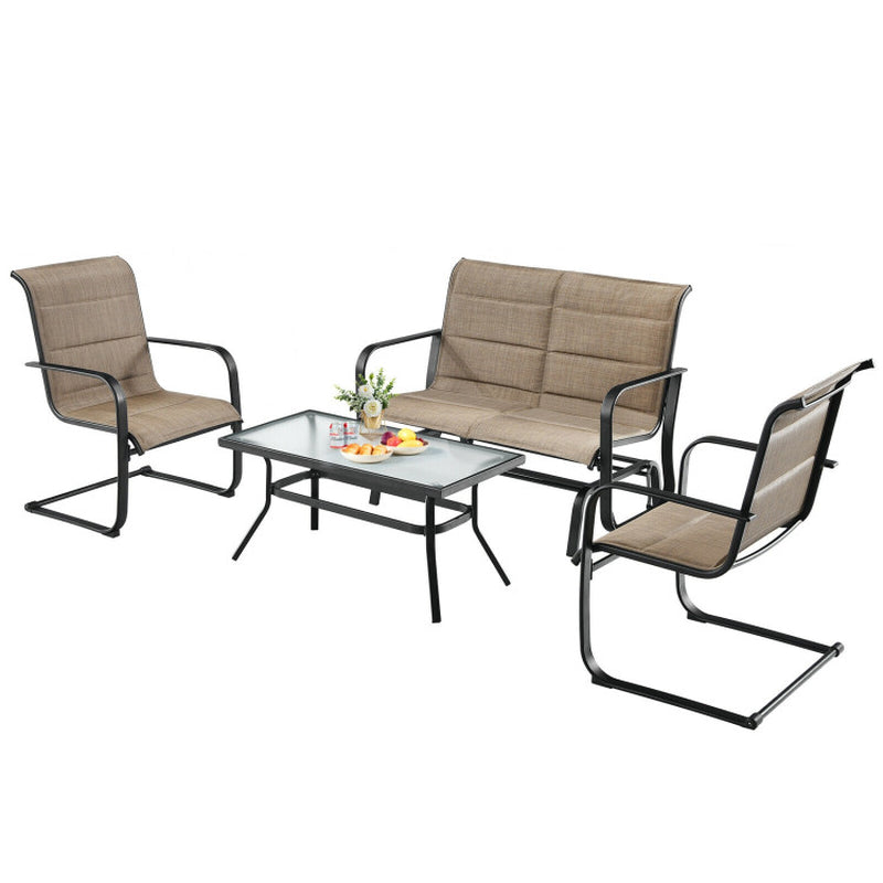 4 Pieces Outdoor Patio Furniture Set with Padded Glider Loveseat and Coffee Table