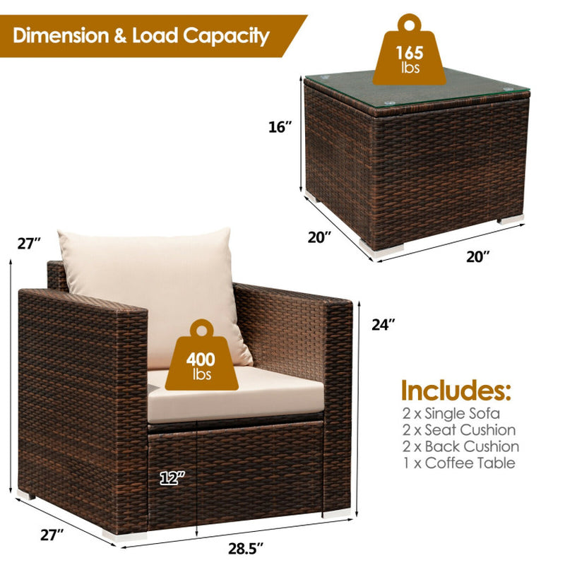 3 Pieces Patio Conversation Rattan Furniture Set with Cushion