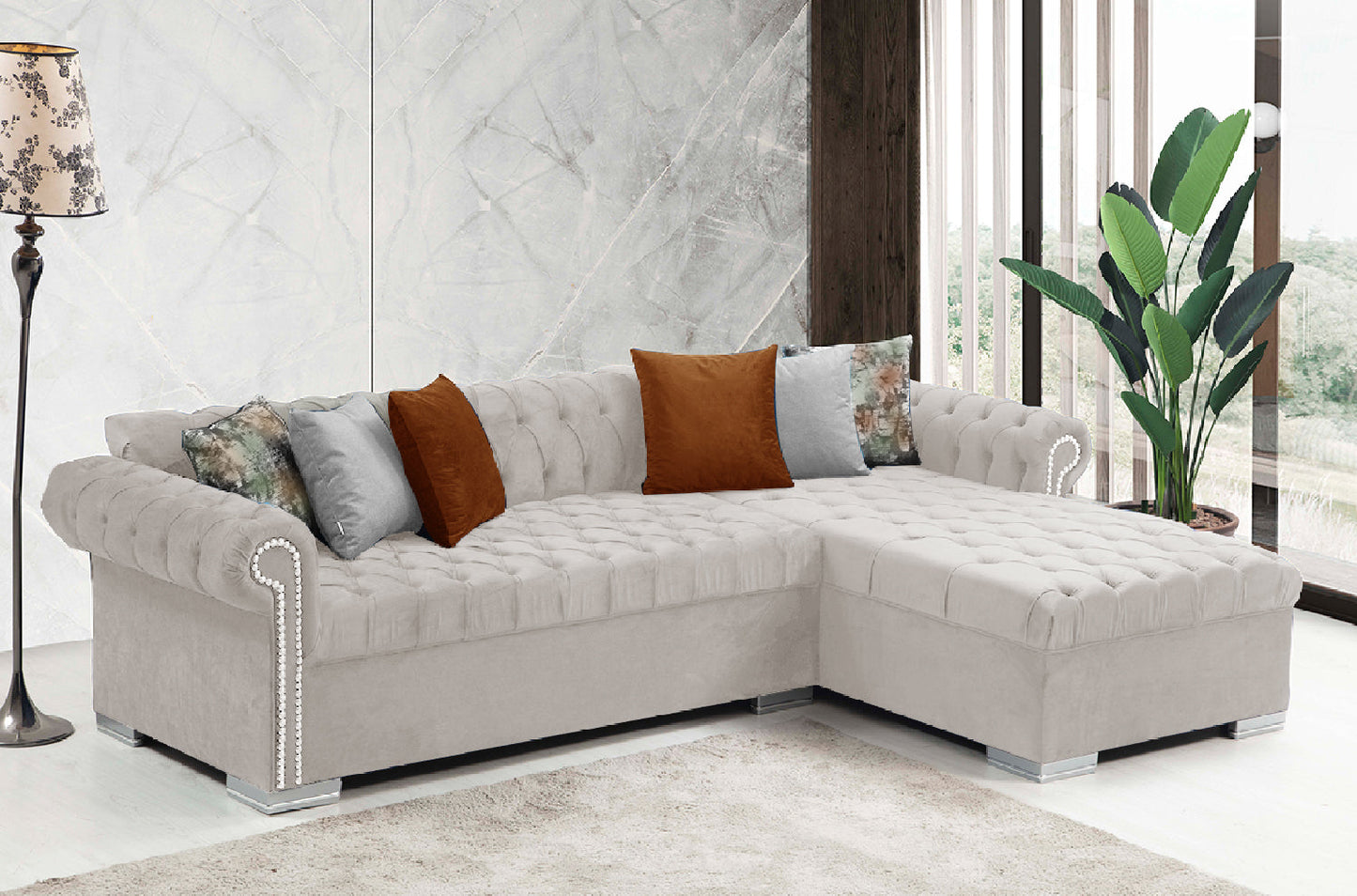 Icarus  L Double Chase Sectional Velvet Upholstery - Cream