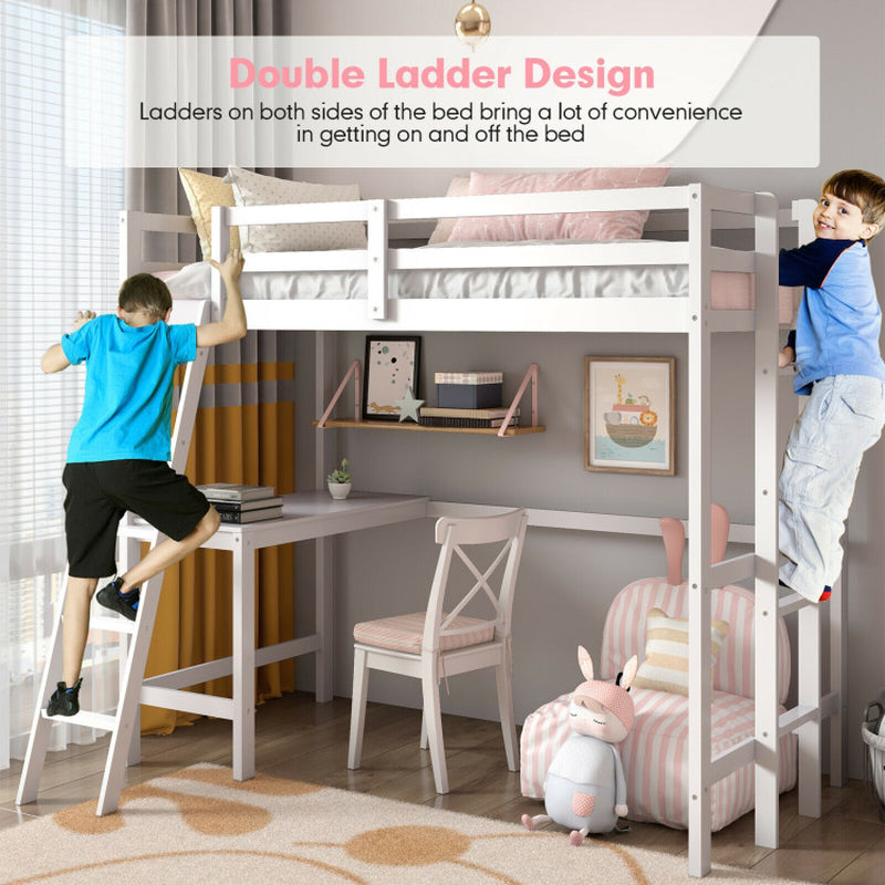 Twin Size Loft Bed Frame with Desk Angled and Built-In Ladder