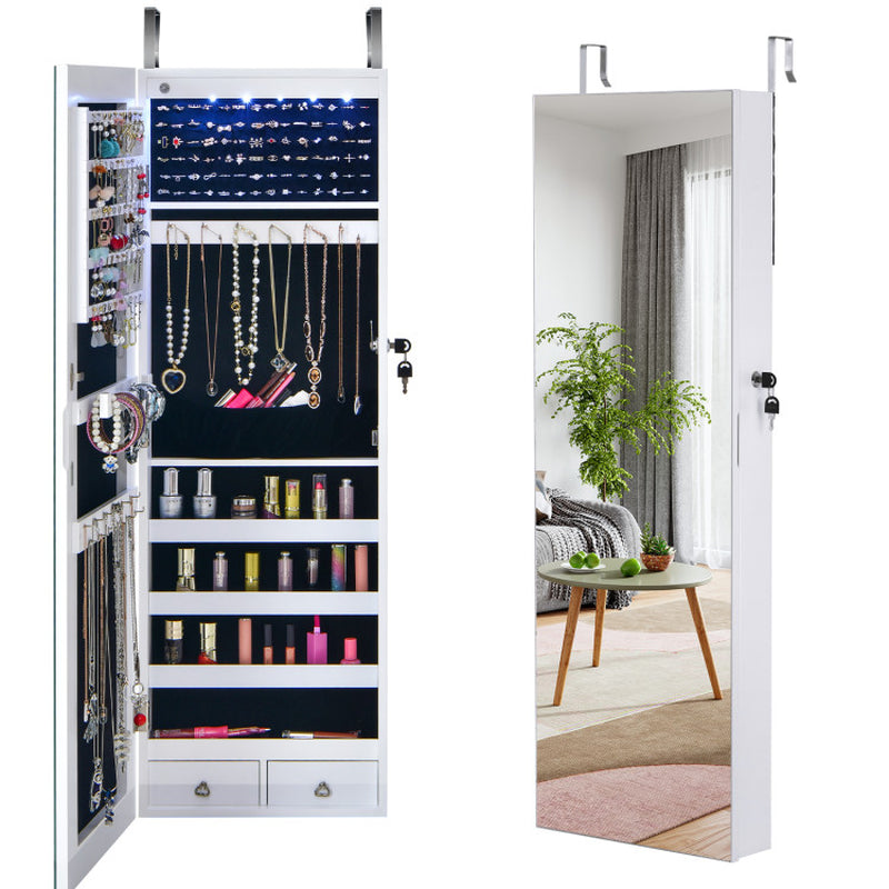 Wall Mounted Full Screen Mirror Jewelry Cabinet Armoire with 6 Leds