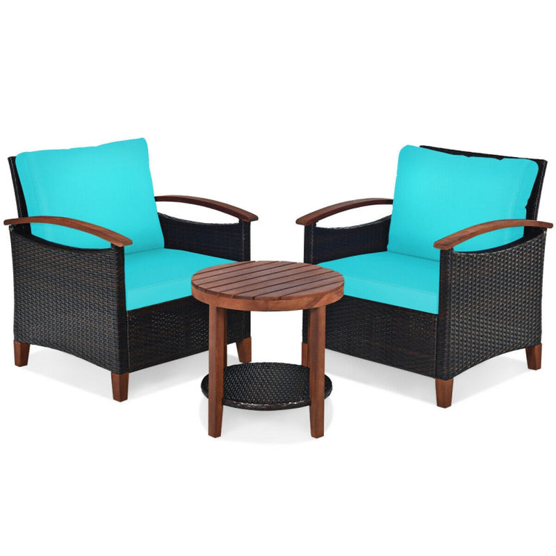 3 Pieces Patio Wicker Furniture Set with Washable Cushion and Acacia Wood Tabletop