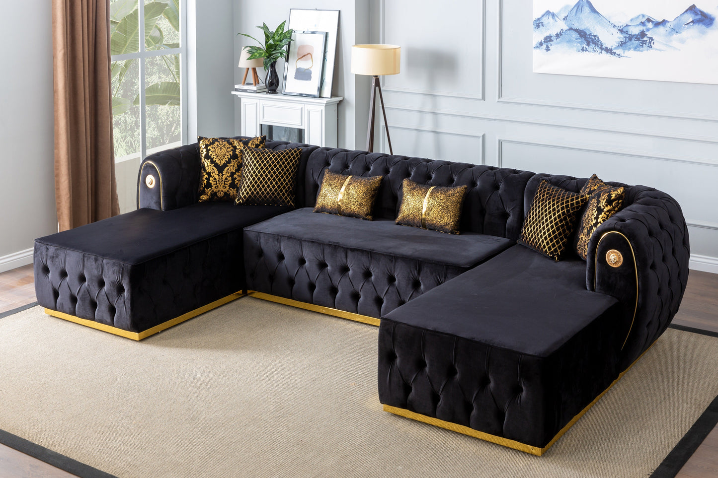 Luna U Double Chase Sectional Velvet Upholstery -  Black** OTTOMAN NOT INCLUDED**