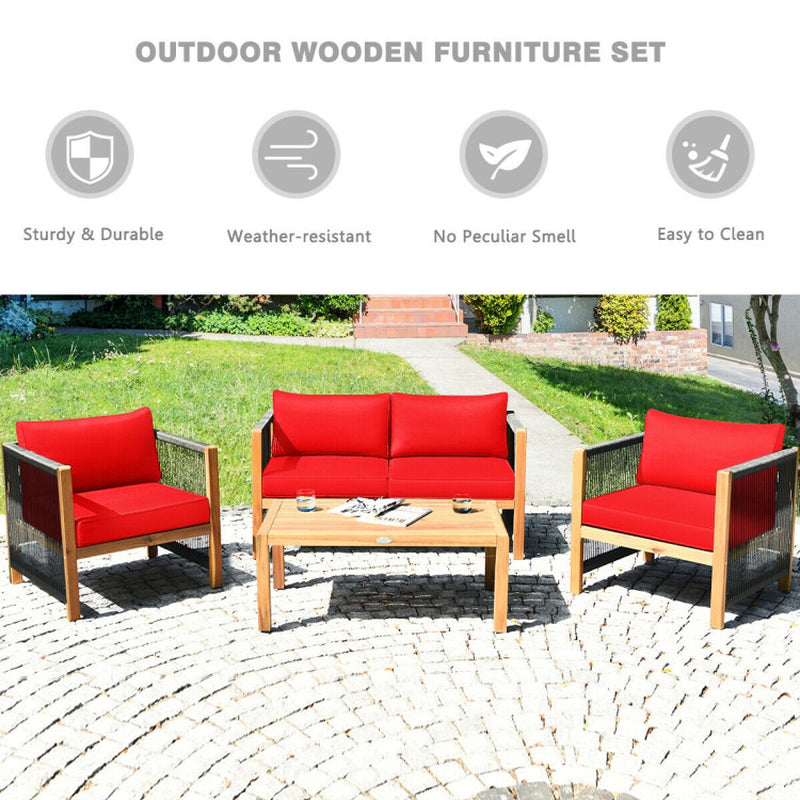 4 Pieces Acacia Wood Sofa Set with Cushions for Outdoor Patio