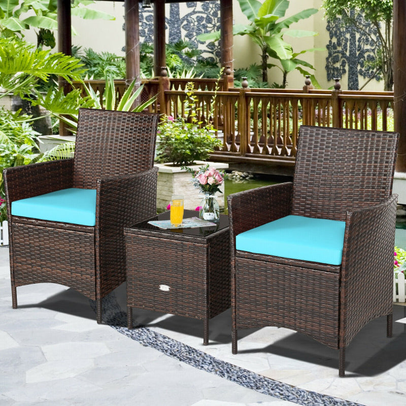 3 Pieces Patio Cushioned Rattan Converstaion Set with Glass Table Top