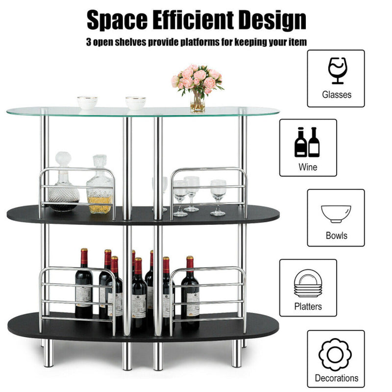3-Tier Bar Cabinets Table with Tempered Glass Top