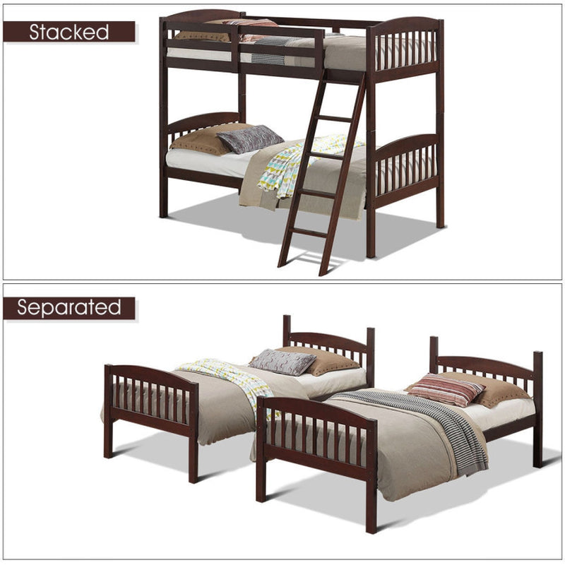 Hardwood Twin Bunk Beds with Inclined Ladder and Safety Guardrails