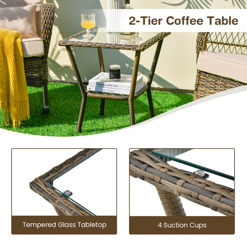 3 Pieces Outdoor Hand-Woven PE Rattan Conversation Set with Tempered Glass Side Table