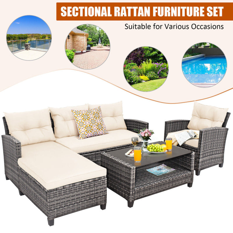 4 Pieces Patio Rattan Furniture Set with Cushion and Table Shelf