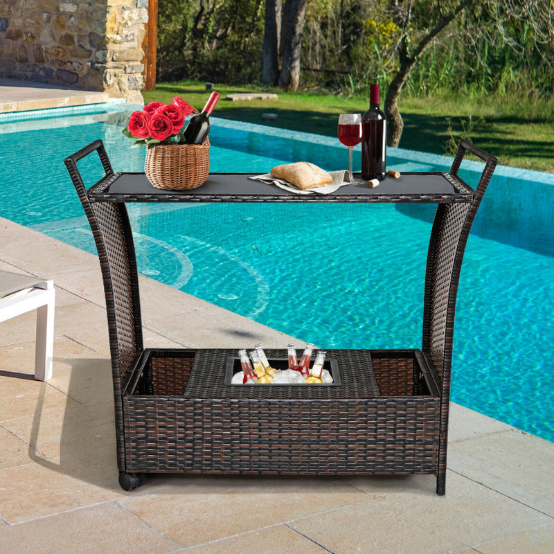 Patio Rattan Bar Serving Cart with Glass Top and Handle