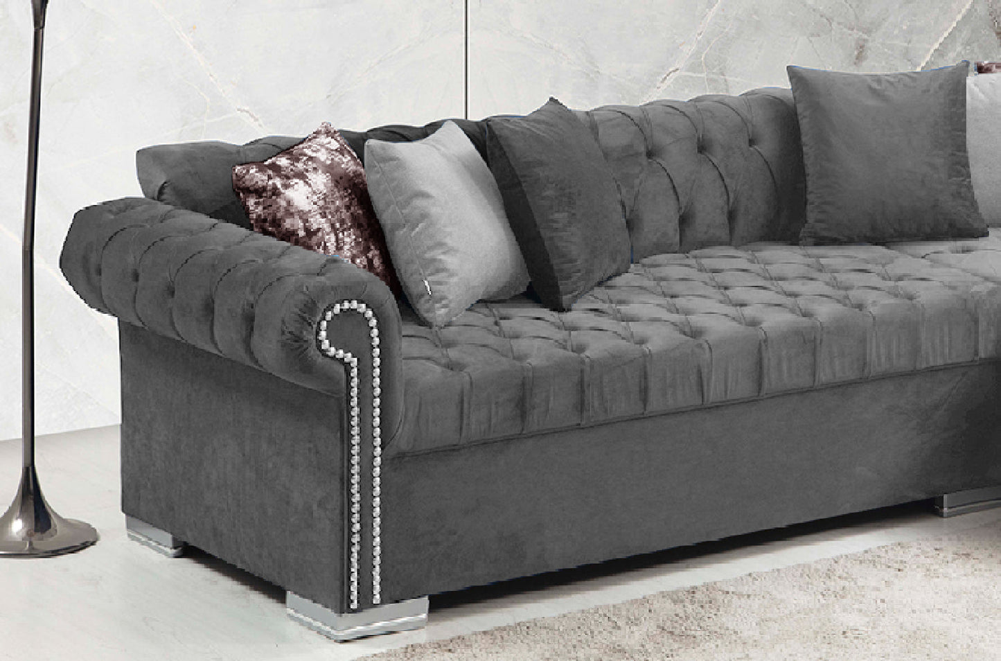 Icarus  L Double Chase Sectional Velvet Upholstery - Silver