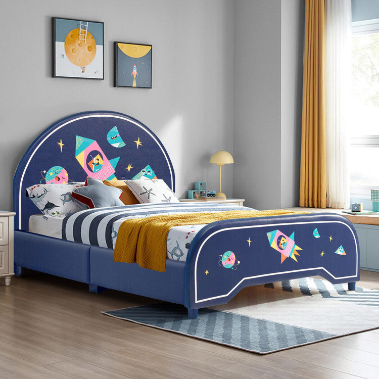 Kids Twin Size Upholstered Platform Bed with Rocket Pattern