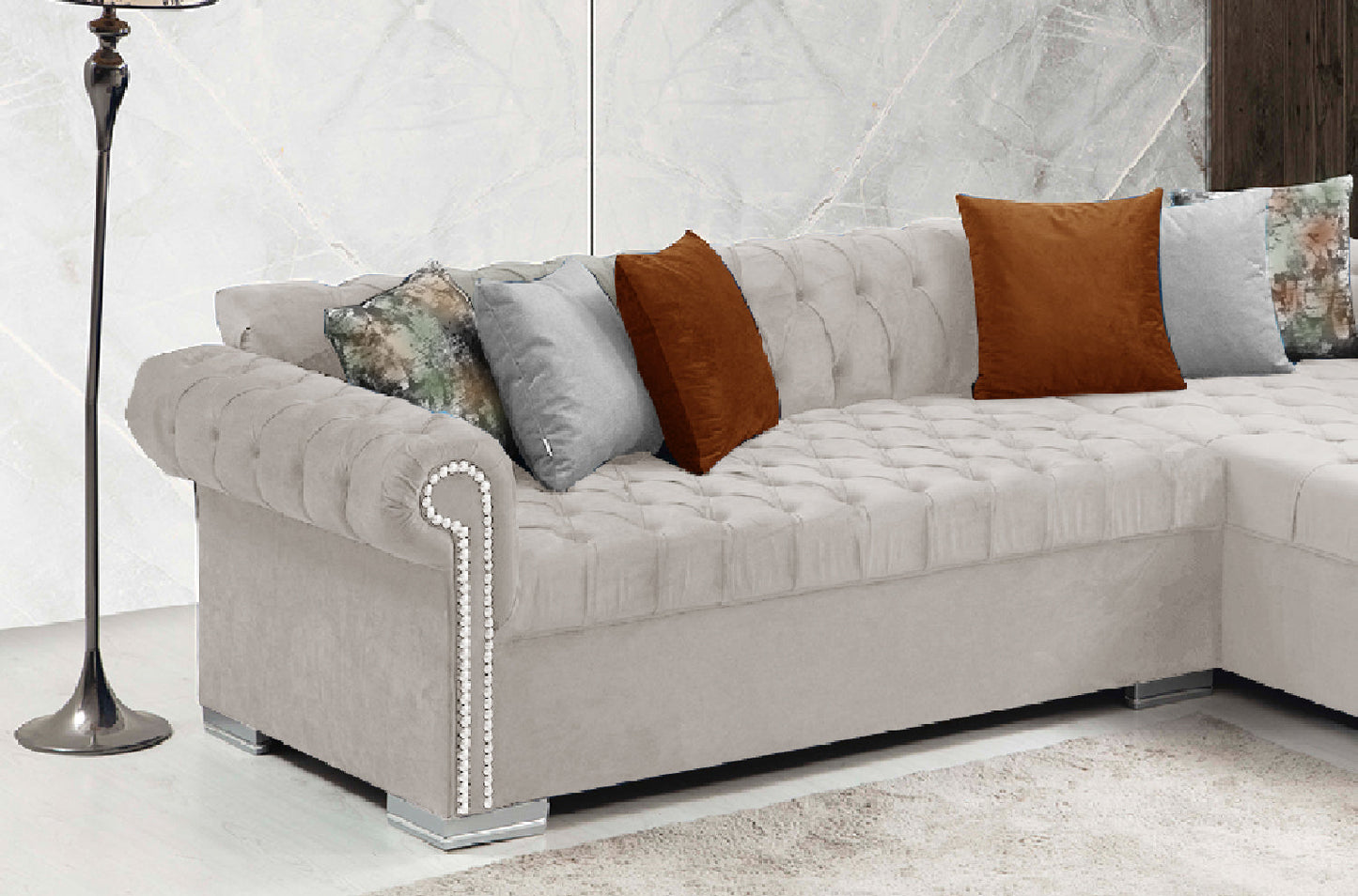 Icarus  L Double Chase Sectional Velvet Upholstery - Rose