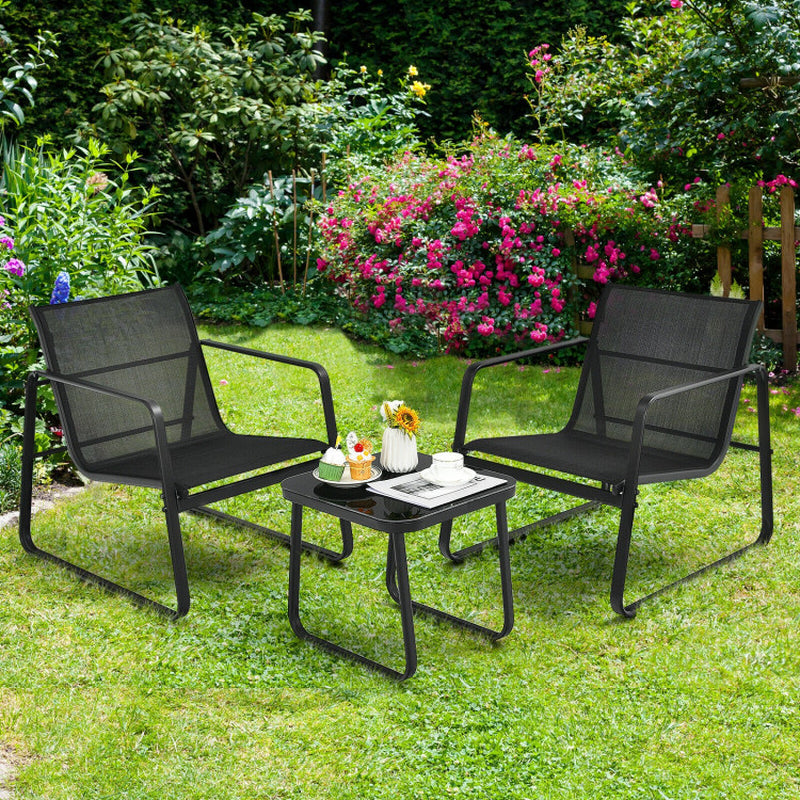 3 Pieces Patio Bistro Furniture Set with Glass Top Table Garden Deck