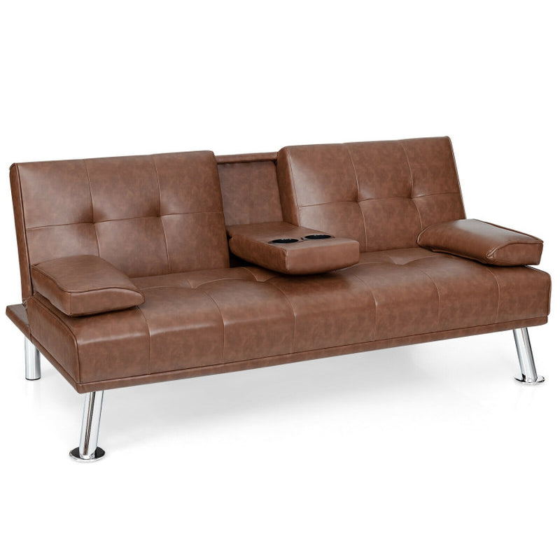Convertible Folding Leather Futon Sofa with Cup Holders and Armrests