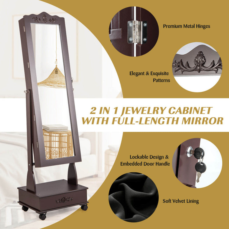 Rolling Floor Standing Mirrored Jewelry Armoire with Lock and Drawers