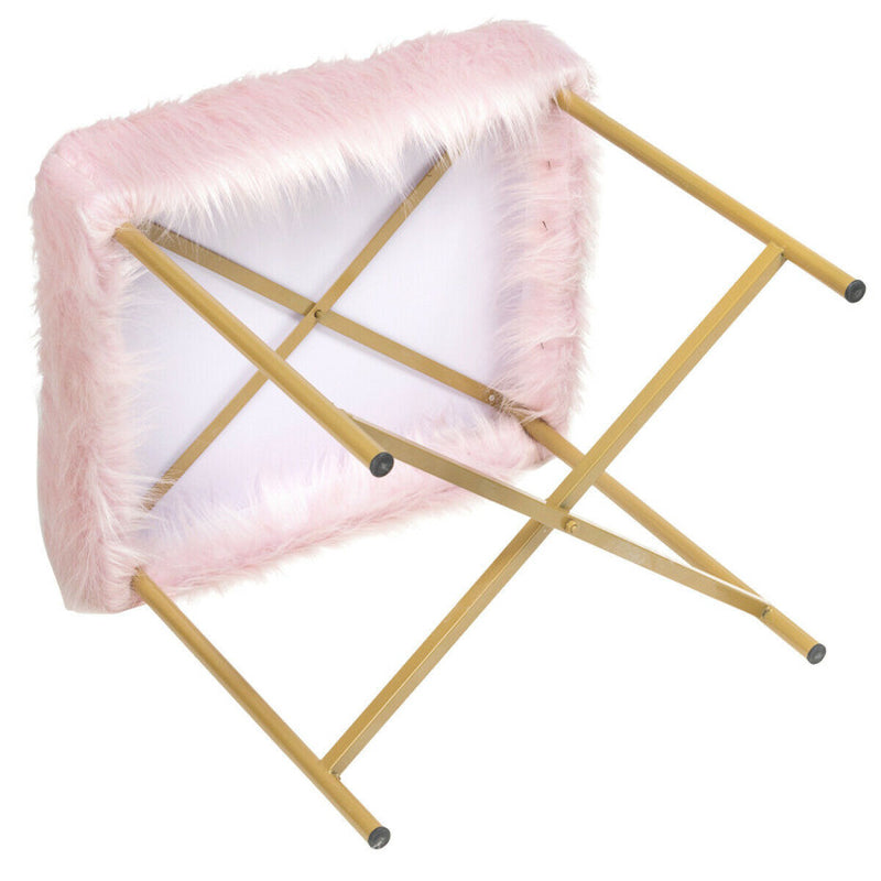 Luxurious Faux Fur Covered Footrest Stool with Gold Metal Base