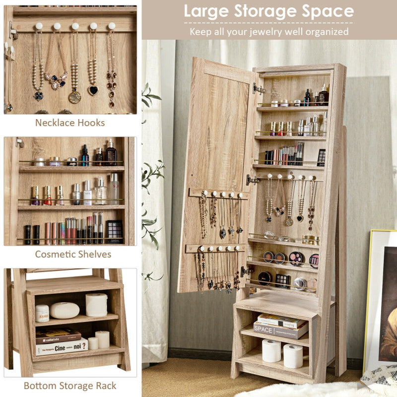 2-In-1 Wooden Cosmetics Storage Cabinet with Full-Length Mirror and Bottom Rack