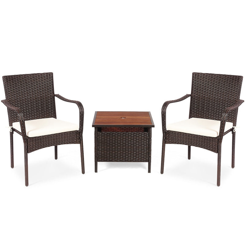 3 Pieces Patio Rattan Furniture Bistro Set with Wood Side Table and Stackable Chair