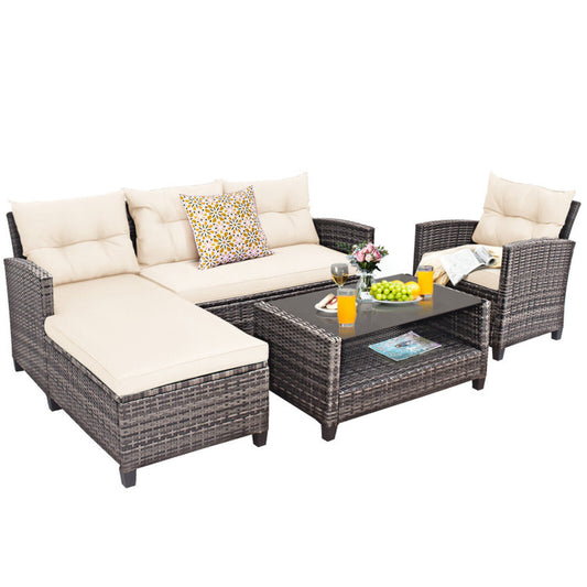 4 Pieces Patio Rattan Furniture Set with Cushion and Table Shelf