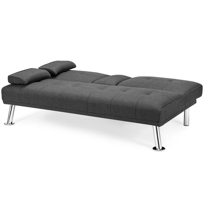 Convertible Folding Futon Sofa Bed Fabric with 2 Cup Holders