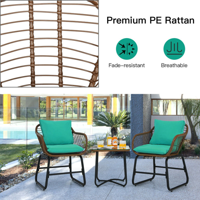 3 Pieces Patio Rattan Bistro Set with Cushions and Glass Table