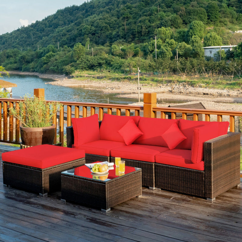 5 Pieces Outdoor Patio Rattan Furniture Set Sectional Conversation with Cushions