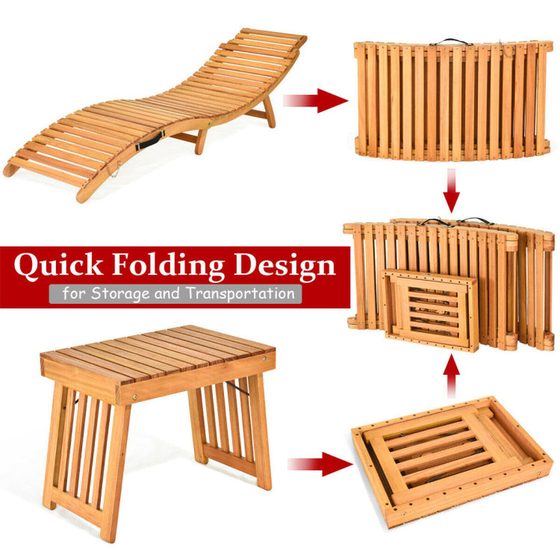 3 Pieces Folding Patio Eucalyptus Wood Lounge Chair Set with Foldable Side Table