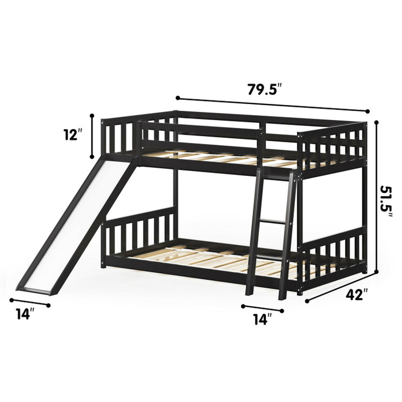 Twin over Twin Bunk Wooden Low Bed with Slide Ladder for Kids