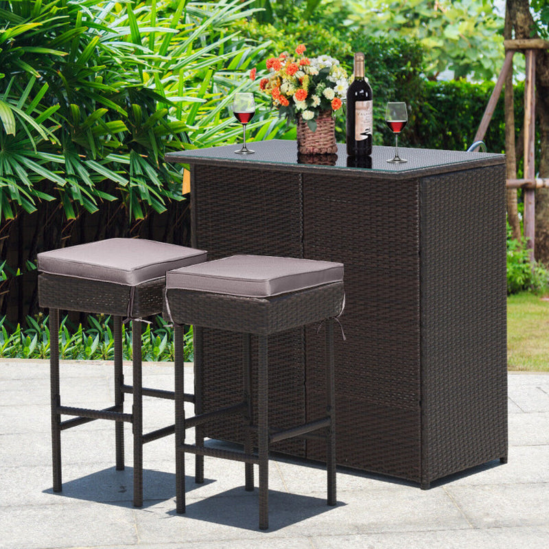 3 Pieces Outdoor Rattan Wicker Bar Set with 2 Cushions Stools