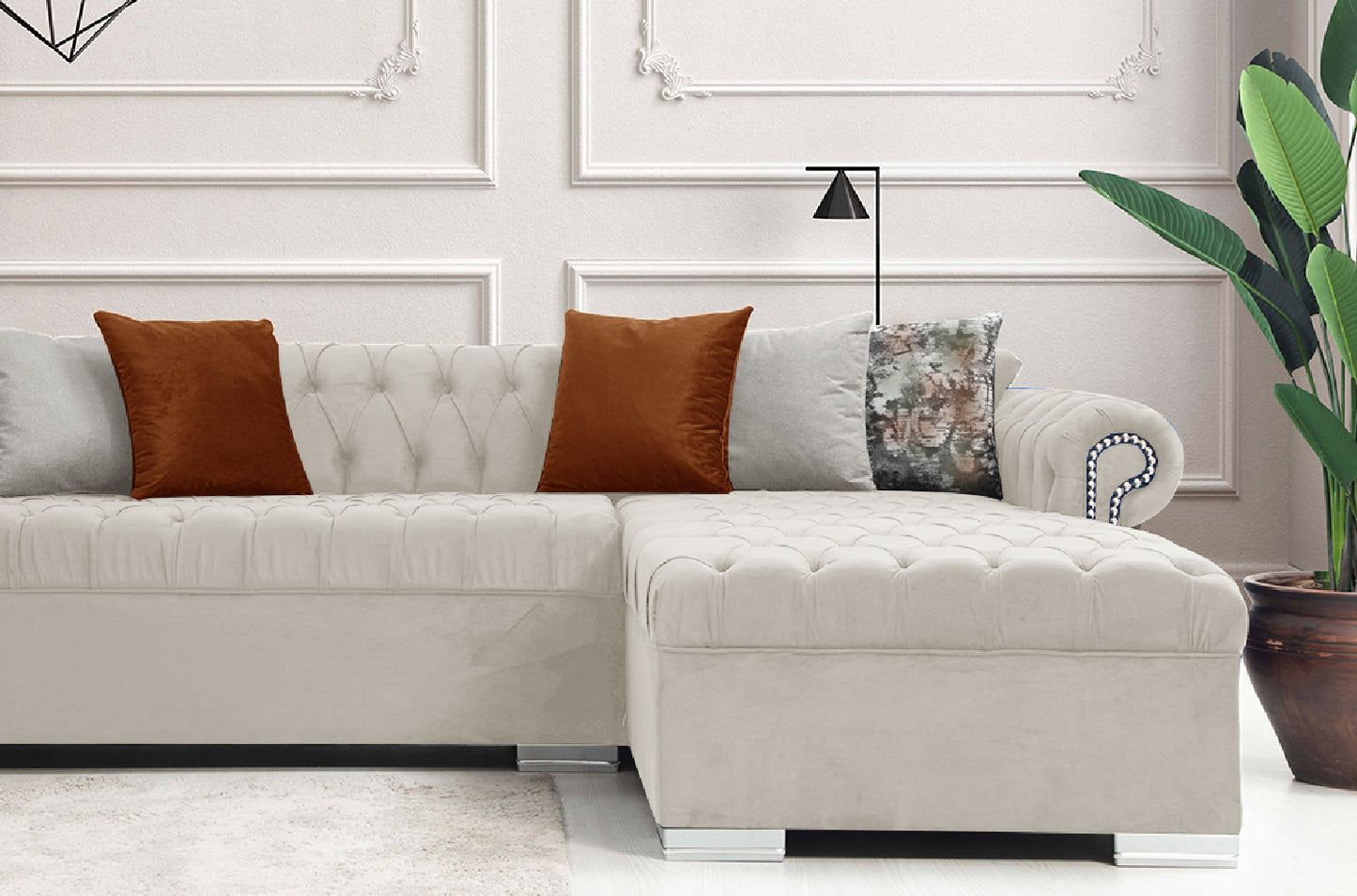 Icarus  L Double Chase Sectional Velvet Upholstery - Cream