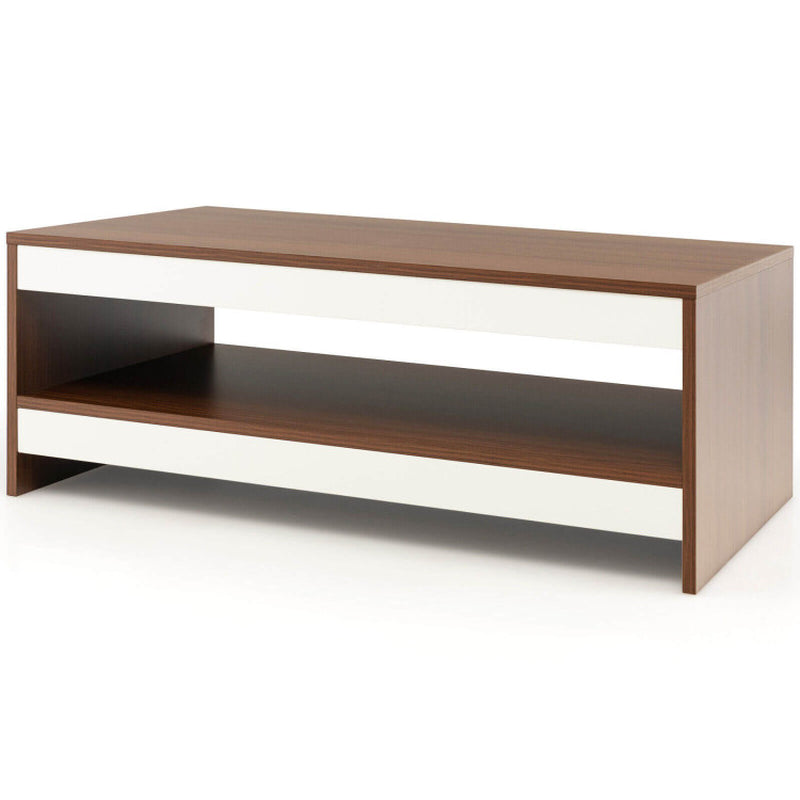 37 Inch 2-Tier Rectangle Wooden Coffee Table with Storage Shelf