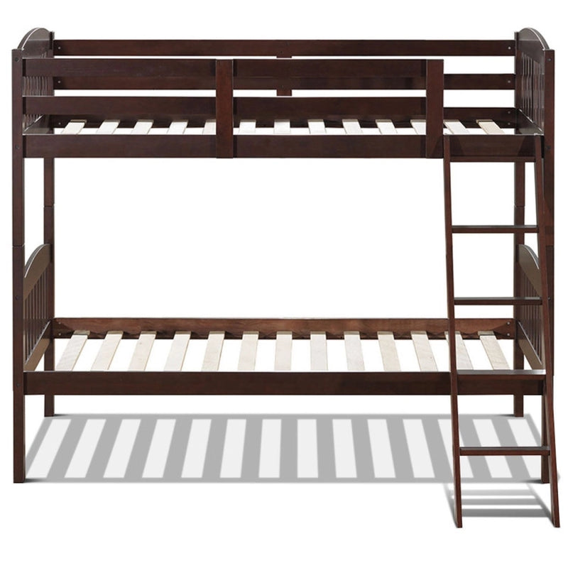 Hardwood Twin Bunk Beds with Inclined Ladder and Safety Guardrails